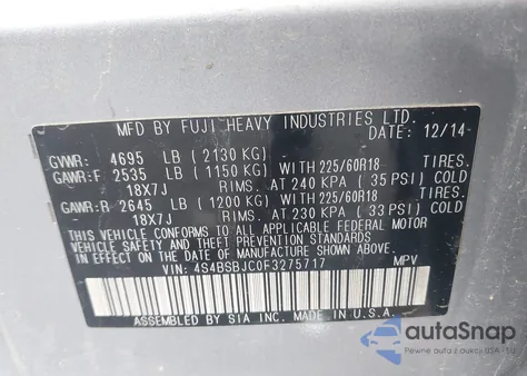 2015 Subaru Outback 2.5I Limited z USA, uszkodzony, nr VIN 4S4BSBJC0F3275717